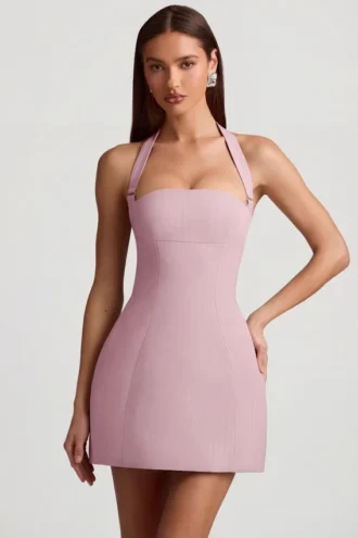 Odessa Nadelstreifen-Halterneck-Minikleid in A-Linie in Mauve