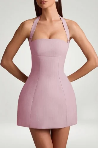 Odessa Nadelstreifen-Halterneck-Minikleid in A-Linie in Mauve