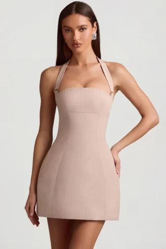 Odessa Nadelstreifen-Halterneck-Minikleid in A-Linie in Pilz
