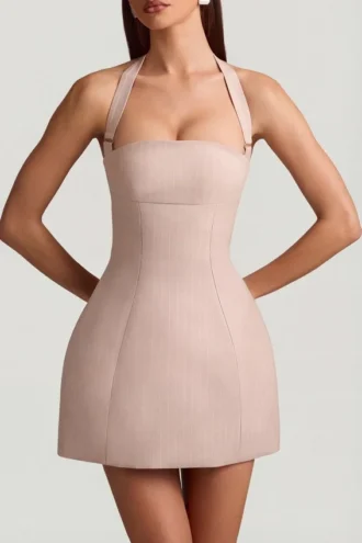 Odessa Nadelstreifen-Halterneck-Minikleid in A-Linie in Pilz