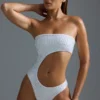 Oh Polly Bademode: HOTFIX Edition Verzierter Cheeky-Badeanzug mit Cut-outs in Weiß Oh Polly Bademode: HOTFIX Edition Verzierter Cheeky-Badeanzug mit Cut-outs in Weiß