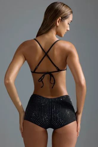 Oh Polly Bademode: HOTFIX Edition verziertes Micro-Bikini-Oberteil in Schwarz