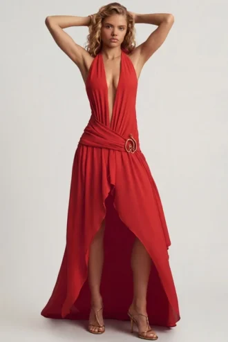 Oliana Asymmetrisches Maxikleid mit Neckholder in Chili-Rot