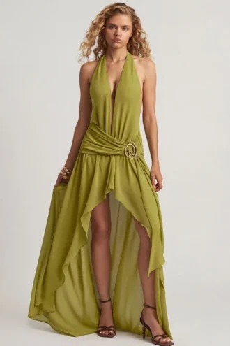 Oliana Asymmetrisches Maxikleid mit Neckholder in Olivgrün
