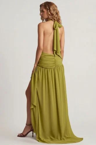 Oliana Asymmetrisches Maxikleid mit Neckholder in Olivgrün