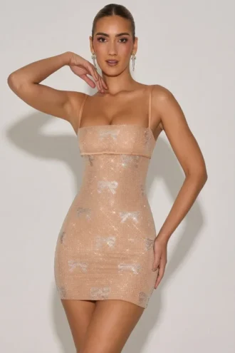 Olwen verziertes Minikleid mit Schleifendetail in Mandel
