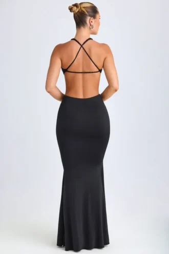 Omarosa Maxikleid mit Metallverzierungen und Cut-outs im Neckholder-Stil in Schwarz