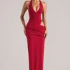 Oona Maxikleid mit tiefem Ausschnitt und Neckholder in Kirschrot Oona Maxikleid mit tiefem Ausschnitt und Neckholder in Kirschrot