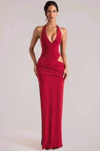 Oona Maxikleid mit tiefem Ausschnitt und Neckholder in Kirschrot