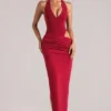 Oona Maxikleid mit tiefem Ausschnitt und Neckholder in Kirschrot Oona Maxikleid mit tiefem Ausschnitt und Neckholder in Kirschrot