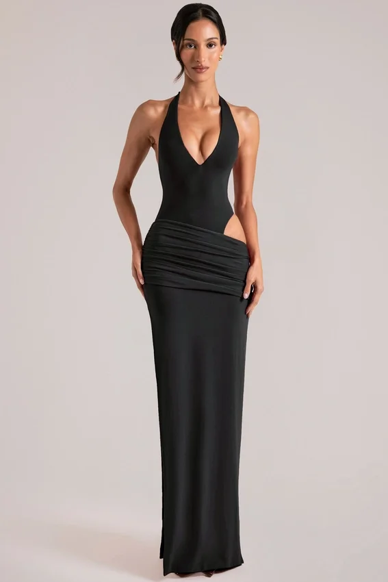 Oona Maxikleid mit tiefem Ausschnitt und Neckholder in Schwarz Oona Maxikleid mit tiefem Ausschnitt und Neckholder in Schwarz