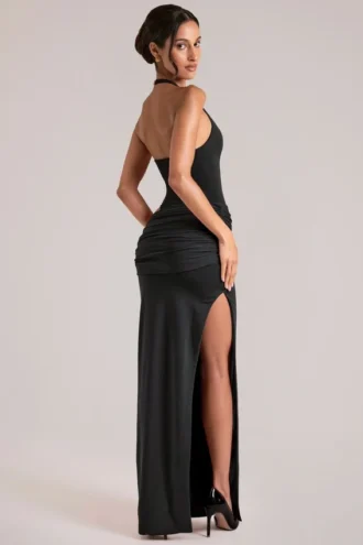 Oona Maxikleid mit tiefem Ausschnitt und Neckholder in Schwarz