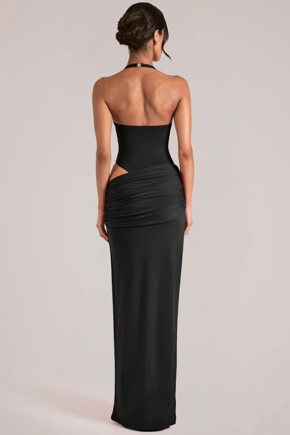 Oona Maxikleid mit tiefem Ausschnitt und Neckholder in Schwarz Oona Maxikleid mit tiefem Ausschnitt und Neckholder in Schwarz