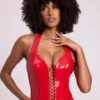 Ophelia Vinyl-Halter-Korsett-Oberteil mit Schnürung in Feuerrot Ophelia Vinyl-Halter-Korsett-Oberteil mit Schnürung in Feuerrot