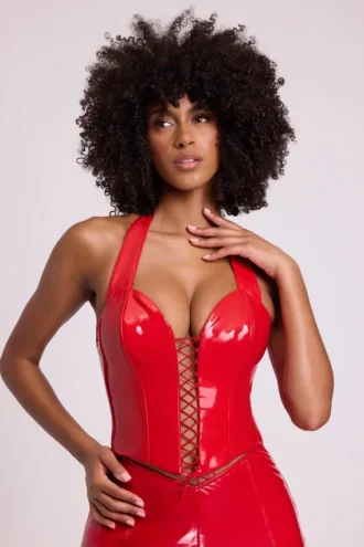 Ophelia Vinyl-Halter-Korsett-Oberteil mit Schnürung in Feuerrot