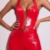 Ophelia Vinyl-Halter-Korsett-Oberteil mit Schnürung in Feuerrot Ophelia Vinyl-Halter-Korsett-Oberteil mit Schnürung in Feuerrot