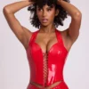 Ophelia Vinyl-Halter-Korsett-Oberteil mit Schnürung in Feuerrot Ophelia Vinyl-Halter-Korsett-Oberteil mit Schnürung in Feuerrot