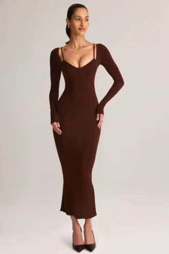 Ori Modal Peekaboo Langarm-Midi-Kleid in Schokoladenbraun