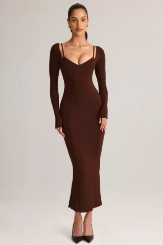 Ori Modal Peekaboo Langarm-Midi-Kleid in Schokoladenbraun