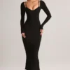 Ori Modal Peekaboo Langarm-Midi-Kleid in Schwarz Ori Modal Peekaboo Langarm-Midi-Kleid in Schwarz