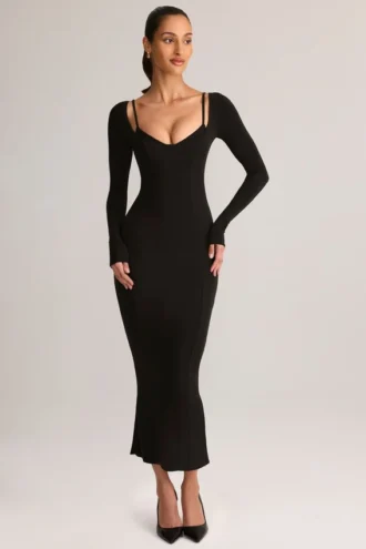Ori Modal Peekaboo Langarm-Midi-Kleid in Schwarz