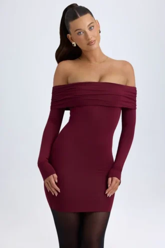 Oriana Modal-Minikleid mit schulterfreiem Ausschnitt in Weinrot