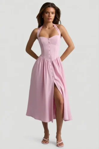 Orlena Midaxi-Kleid mit Neckholder und Knopfdetails in Zartrosa