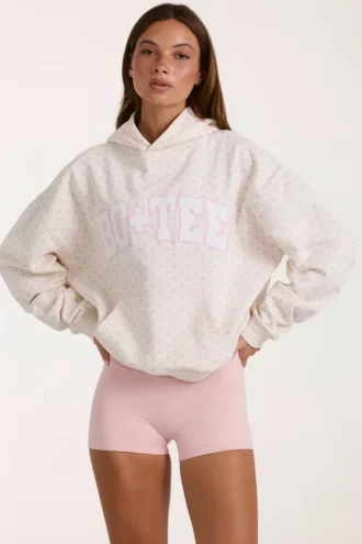 Oversized-Hoodie mit Applikation in Elfenbein mit Polka-Dots
