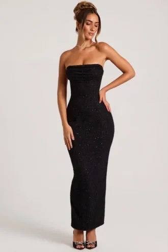 Palermo Maxikleid mit Bandeau-Ausschnitt und Wasserfallkragen, verziert, in Schwarz