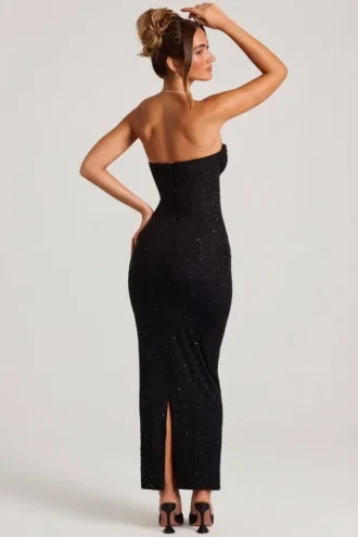Palermo Maxikleid mit Bandeau-Ausschnitt und Wasserfallkragen, verziert, in Schwarz