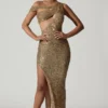 Persephone Verziertes asymmetrisches Cut-Out-Kleid in Gold Persephone Verziertes asymmetrisches Cut-Out-Kleid in Gold