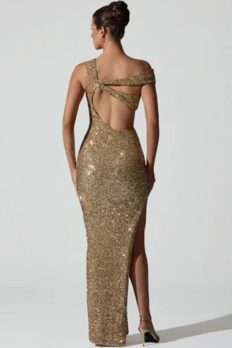 Persephone Verziertes asymmetrisches Cut-Out-Kleid in Gold