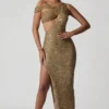 Persephone Verziertes asymmetrisches Cut-Out-Kleid in Gold Persephone Verziertes asymmetrisches Cut-Out-Kleid in Gold