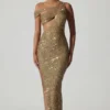 Persephone Verziertes asymmetrisches Cut-Out-Kleid in Gold Persephone Verziertes asymmetrisches Cut-Out-Kleid in Gold