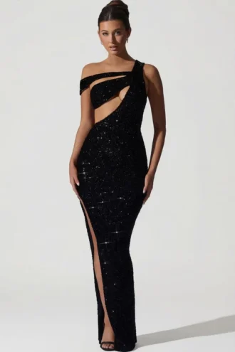 Persephone – Verziertes, asymmetrisches Cut-Out-Kleid in Schwarz