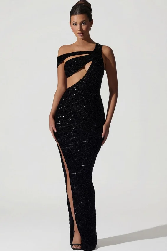 Persephone – Verziertes, asymmetrisches Cut-Out-Kleid in Schwarz Persephone – Verziertes, asymmetrisches Cut-Out-Kleid in Schwarz