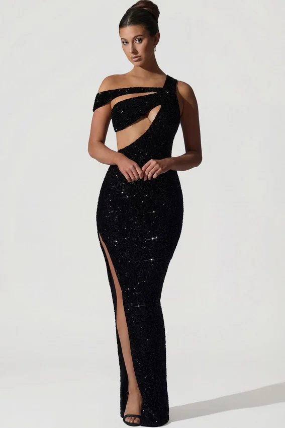 Persephone – Verziertes, asymmetrisches Cut-Out-Kleid in Schwarz Persephone – Verziertes, asymmetrisches Cut-Out-Kleid in Schwarz