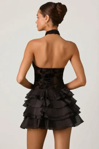 Petalia Minikleid mit Rüschen und Neckholder in Schwarz