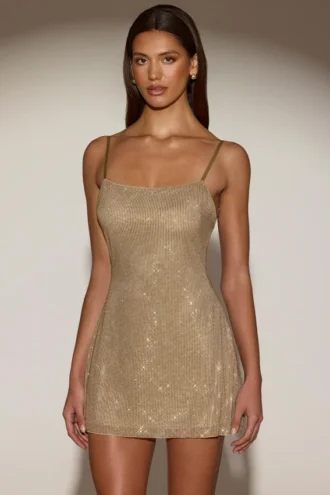 Philomena Verziertes, rückenfreies, figurbetontes Minikleid mit weichem Ausschnitt in Gold
