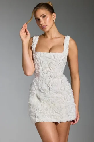 Posy Minikleid mit Blumenapplikationen, quadratischem Ausschnitt und Korsett-Optik in Weiß