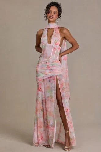Primrose Premium-Maxikleid mit verziertem Schaldetail und rosa Blumenmuster