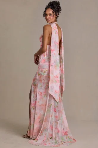 Primrose Premium-Maxikleid mit verziertem Schaldetail und rosa Blumenmuster