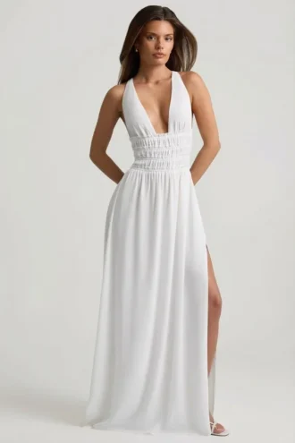 Pryana Plunge-Maxikleid mit gekreuztem Rücken in Weiß