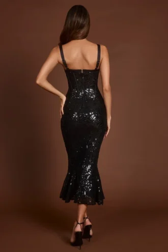 Raffaella Midaxi-Kleid mit Paillettenverzierung und Peekaboo-Korsett in Schwarz Zebra