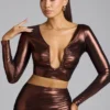Rana Crop-Top aus Metallic-Jersey mit tiefem Ausschnitt in Kupferbronze Rana Crop-Top aus Metallic-Jersey mit tiefem Ausschnitt in Kupferbronze
