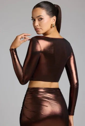 Rana Crop-Top aus Metallic-Jersey mit tiefem Ausschnitt in Kupferbronze