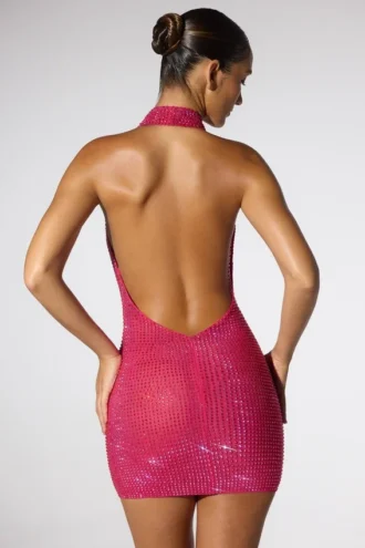 Raquel verziertes Minikleid mit extremem Wasserfallausschnitt und Neckholder in Pink