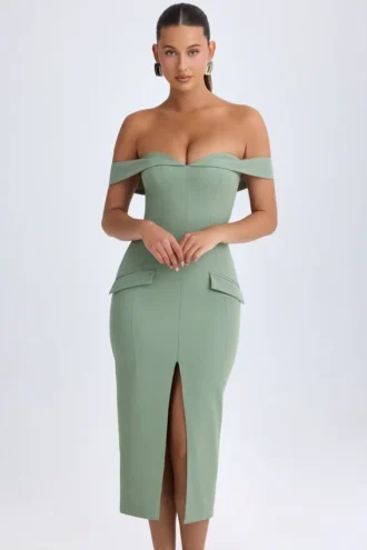 Rasine schulterfreies Midaxi-Kleid in Khaki-Grün