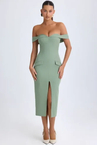 Rasine schulterfreies Midaxi-Kleid in Khaki-Grün