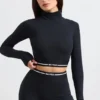 Rückenfreies, langärmeliges Crop-Top mit Rollkragen in Schwarz Rückenfreies, langärmeliges Crop-Top mit Rollkragen in Schwarz